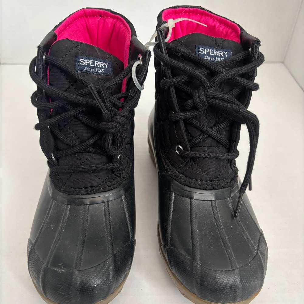 Sperry Waterproof Black Boots with Pink Interior. Size 1M Girls.